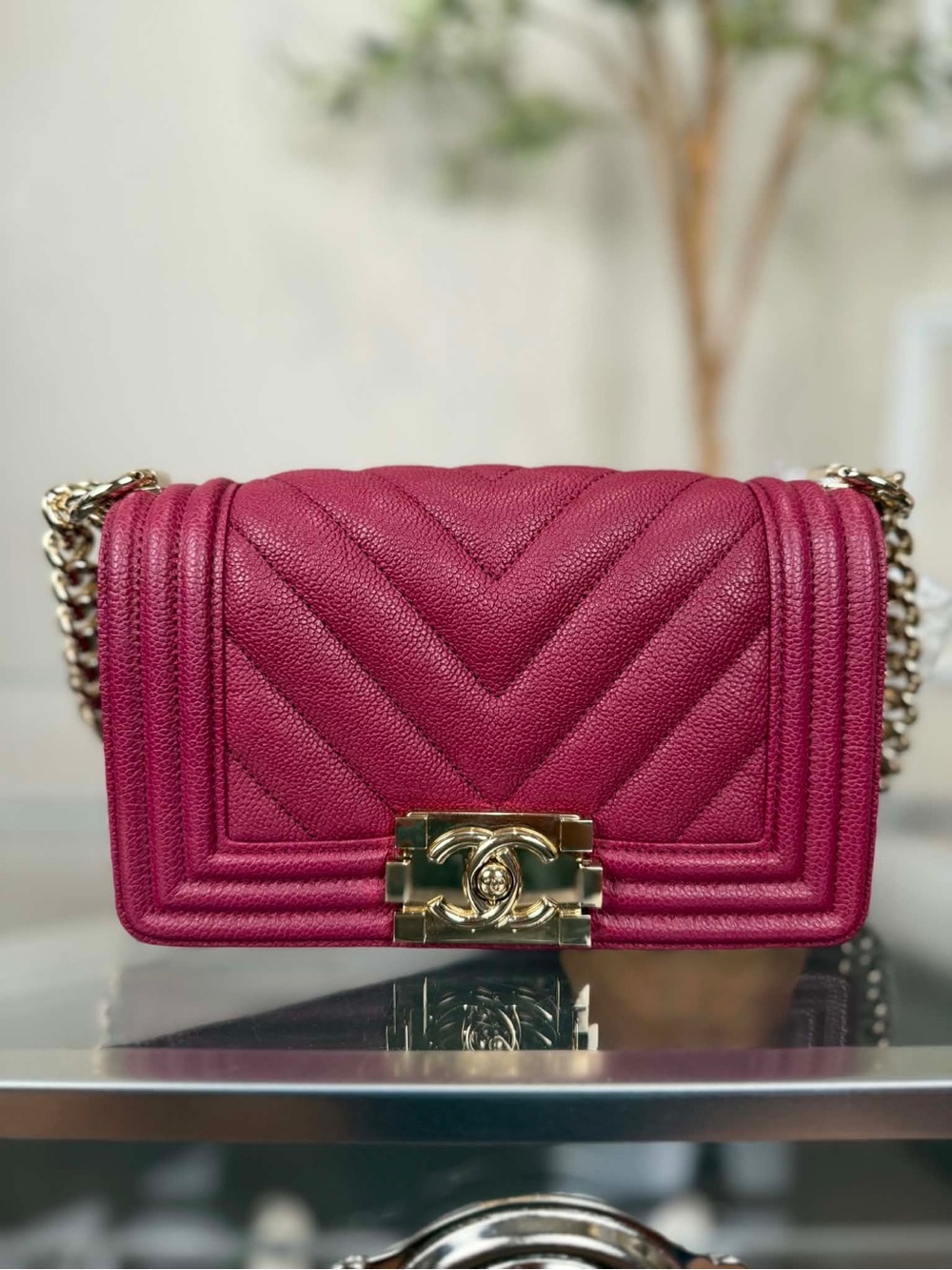 CHANEL Boy Chevron Quilted Crossbody Bag in Deep Berry with Gold Hardware